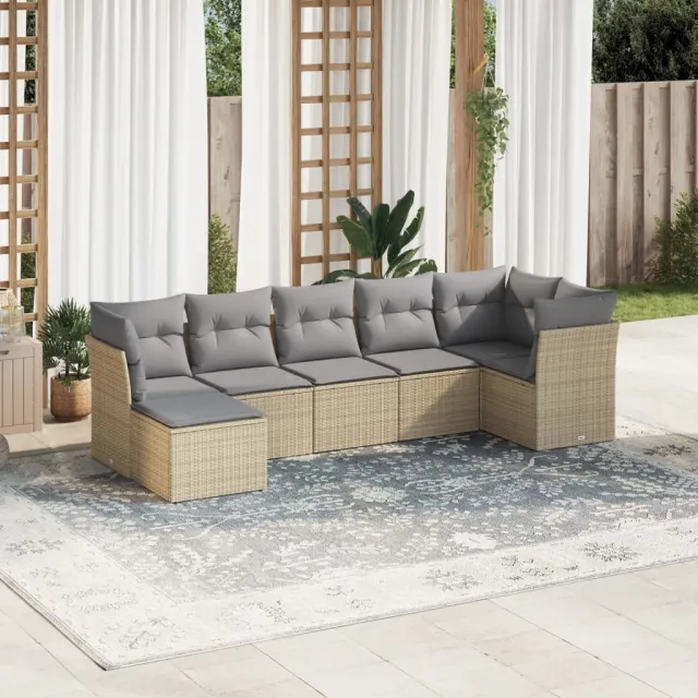 vidaXL 7-delige Loungeset met kussens poly rattan beige, foto 2