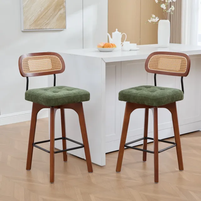 DESMIU Barkruk 44 x 51 x 96 cm - Draaibaar Met Rotan Rugleuning - Gewatteerde Chenille Zitting - Voor Keuken En Ontbijtbar - Groen