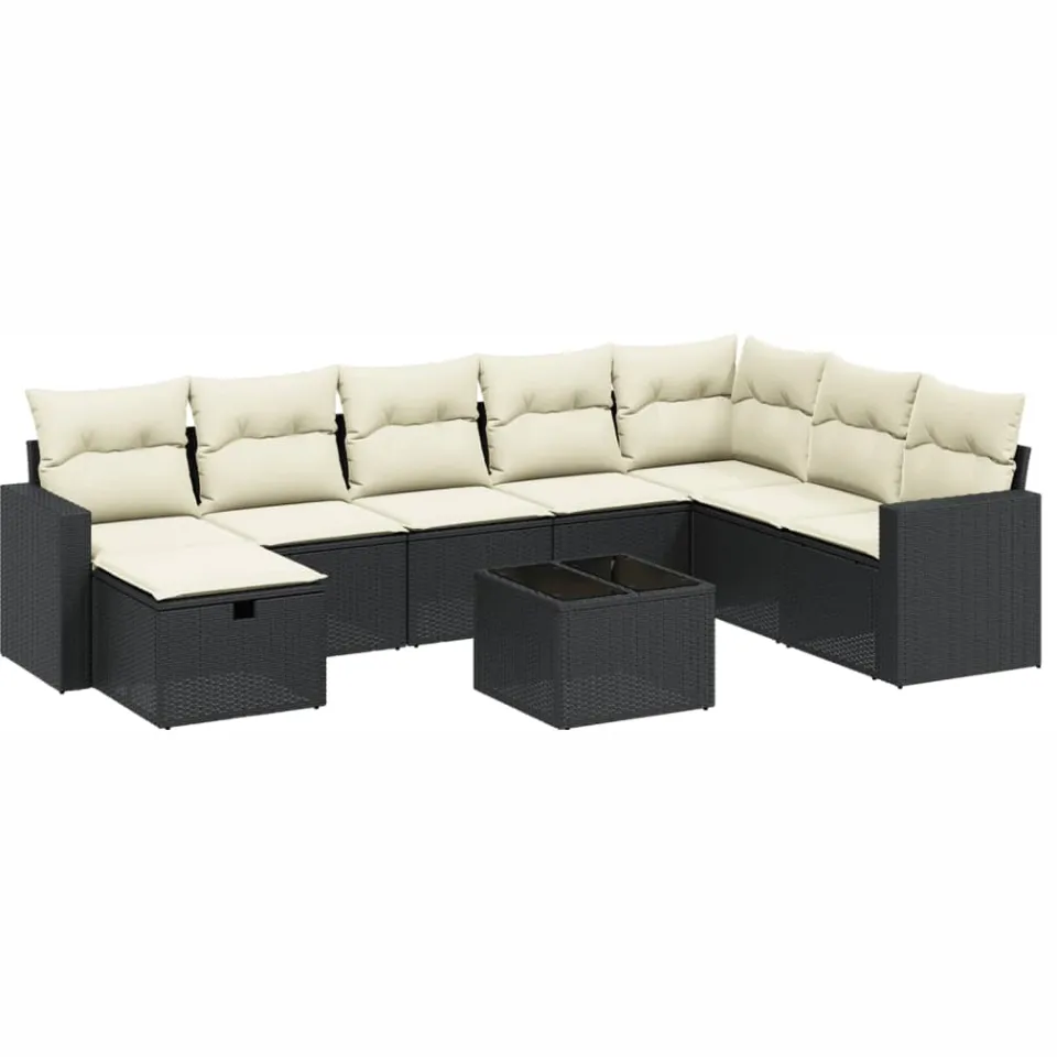 vidaXL 9-delige Loungeset met kussens poly rattan zwart