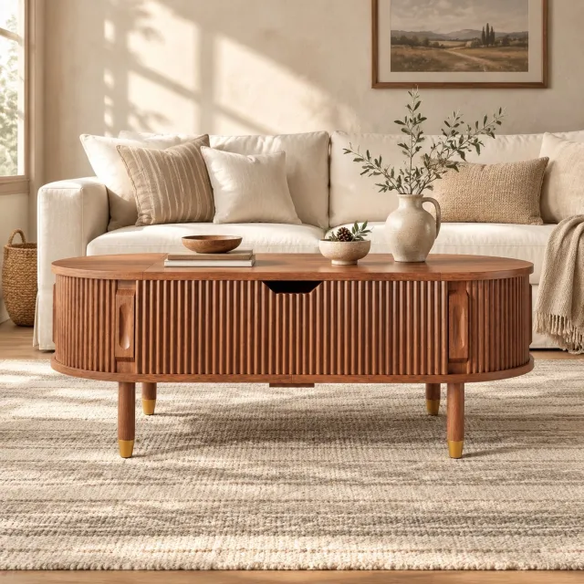 MODENUIT Salontafel - Ovaal Met Hefblad En Schuifdeuren - Woonkamer - MDF - Walnootkleur - 110x48x57 Cm