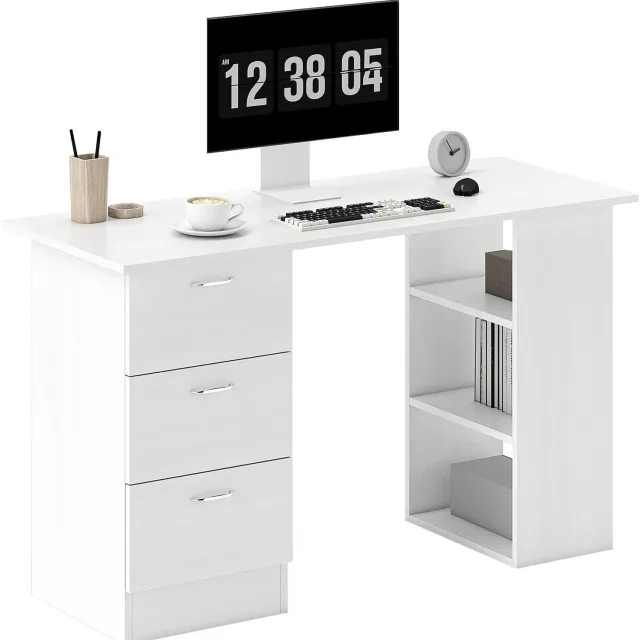 VILIMA Bureau - Bureau wit - Bureau met lades - Opbergruimte - 3 open vakken - 3 lades - 120x50x72 cm - Klassiek ontwerp