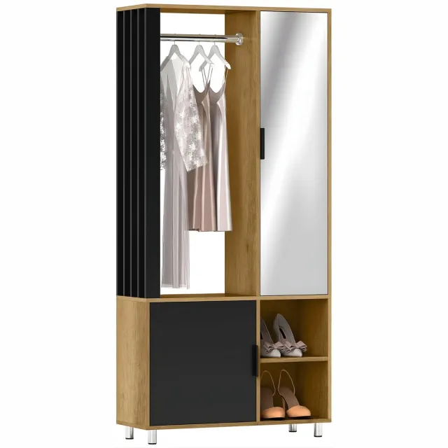 Happiq Kledingkast van Spaanplaat – 80 x 30 x 175 cm – Compacte Garderobekast voor Slaapkamer – Natuurlijke Houtkleur Natural wood + black