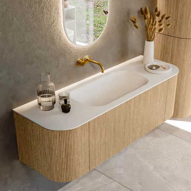 Mondiaz KURVE 140 cm Onderkast Greeploos 1 Lade Met Deuren Oak, Wastafel Solid Surface Midden Talc 0 Kraangaten Zonder Spiegel (KRVBGS140L+R1L2D0KM-Oak/Tal)