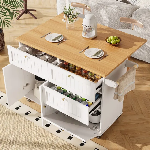 DESMIU Keuken Eiland - Multifunctionele Servierwagen Met Opbergruimte En Klapdeur - Voor Keuken En Woonkamer - MDF - Wit - 133x37,3x88 Cm