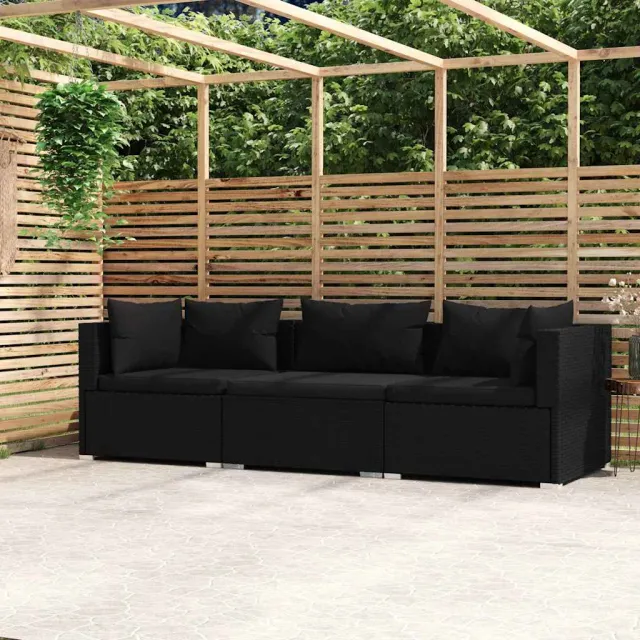 vidaXL Driezitsbank met kussens poly rattan zwart, foto 2