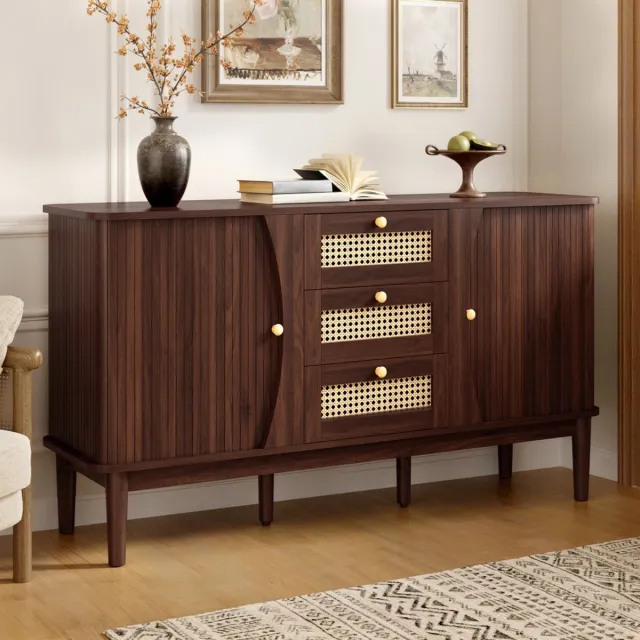 Pugsdrly Servieskast, rotan dressoir, dressoir met schuifdeuren, verstelbare planken en afgerond blad Natuurlijk