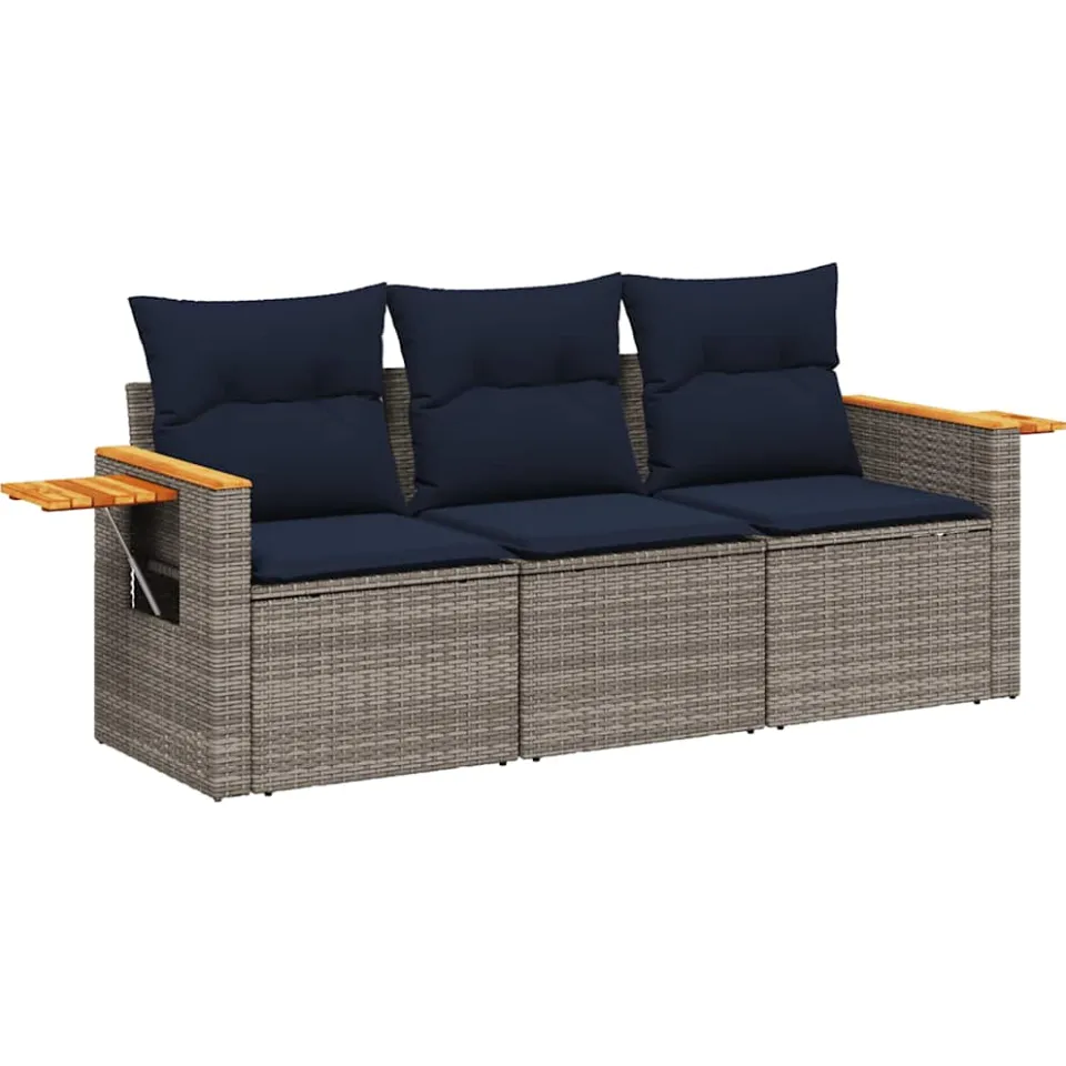 vidaXL 3-delige Loungeset met kussens poly rattan grijs, foto 3