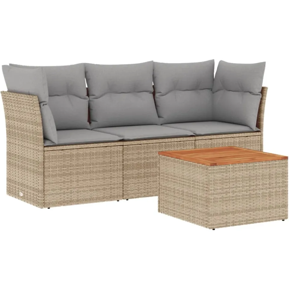 vidaXL 4-delige Loungeset met kussens poly rattan gemengd beige, foto 3