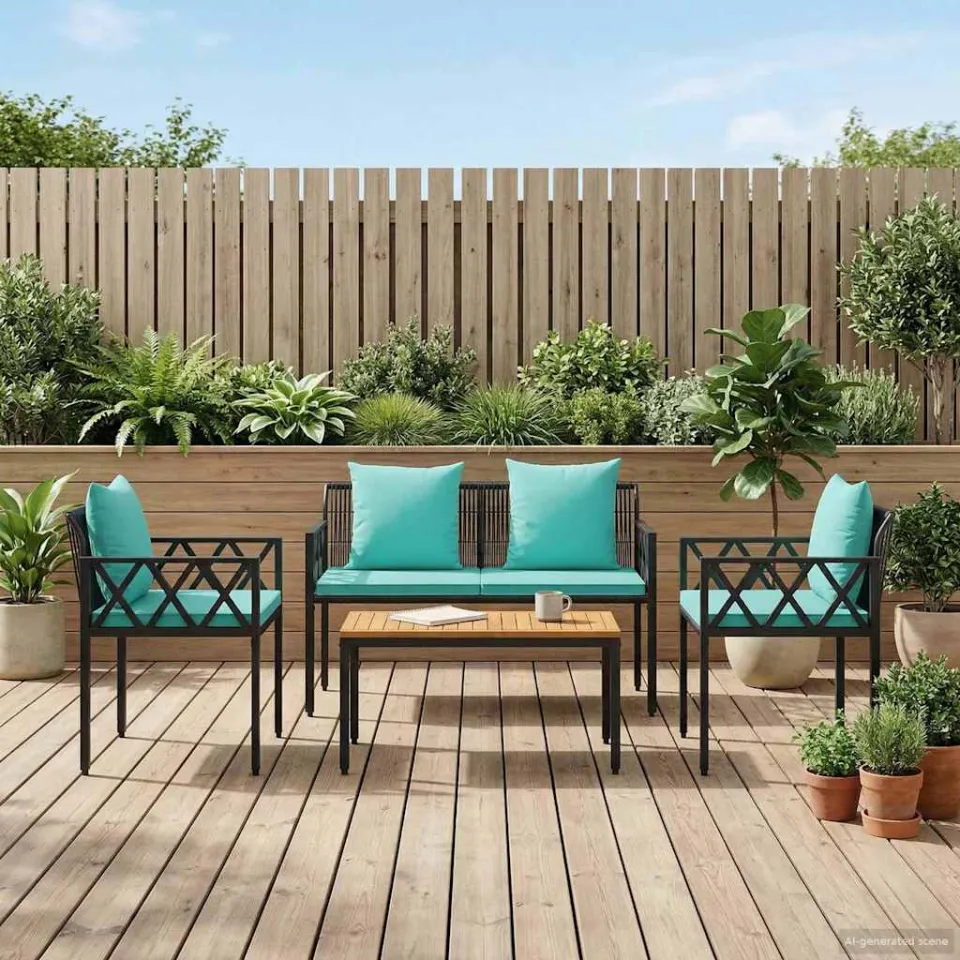 vidaXL Tuinmeubelset 4 st Zwart en Turquoise poly rattan, foto 3