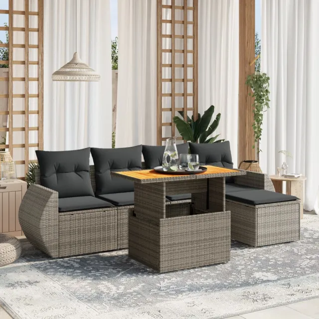 vidaXL 6-delige Loungeset met kussens poly rattan grijs, foto 2
