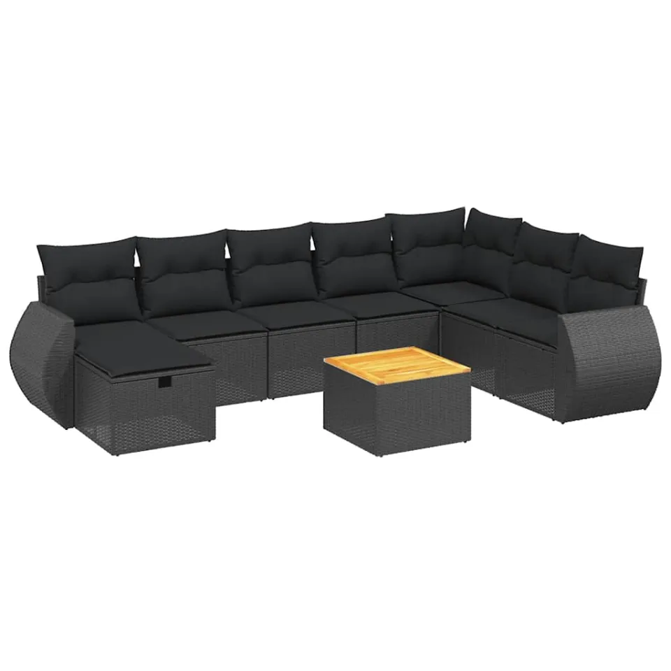 vidaXL 9-delige Loungeset met kussens poly rattan zwart, foto 3