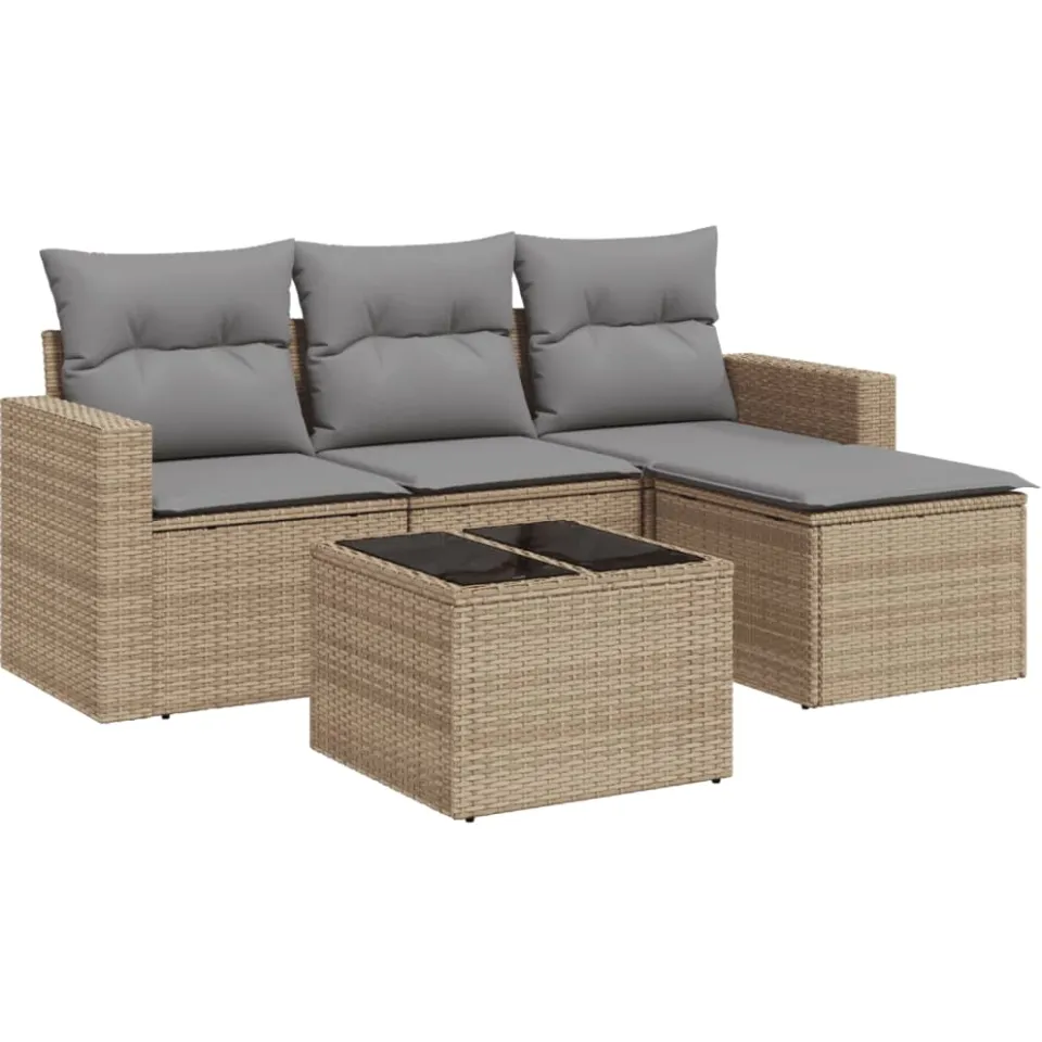 vidaXL 5-delige Loungeset met kussens poly rattan beige, foto 3