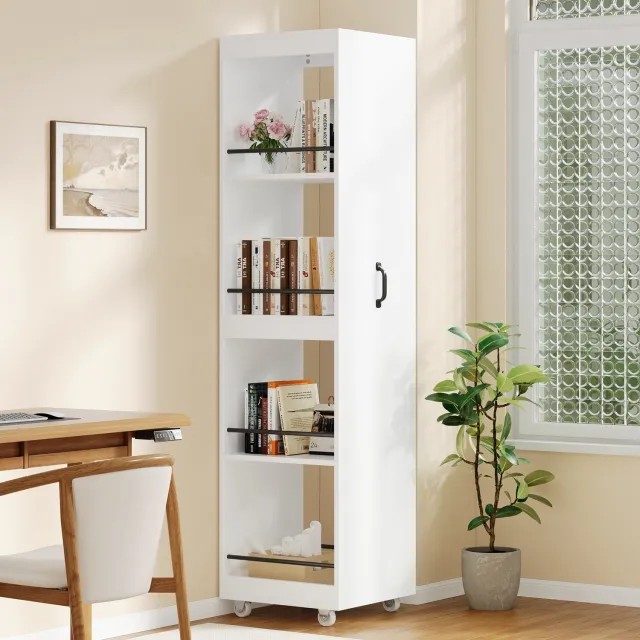 MODENUIT Boekenkast - Smal Met Wielen - Met Beschermstangen Voor Woonkamer - MDF Wit - 40x30x160,5 Cm