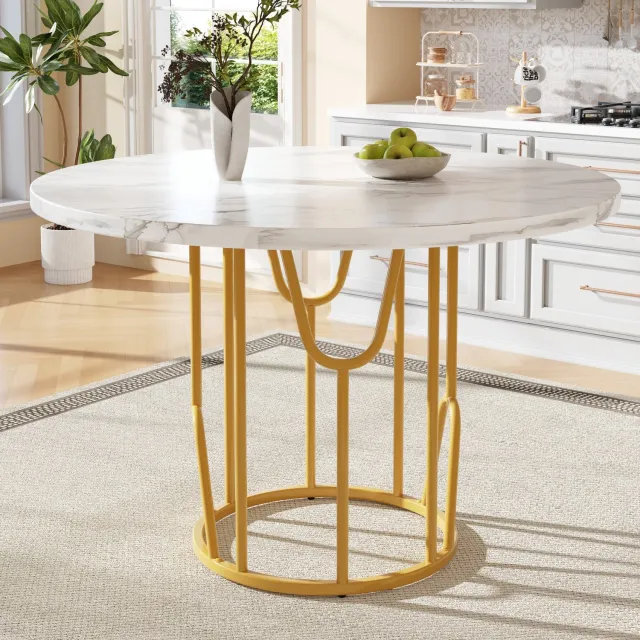 CHICFURN Eettafel - 4-6 personen - marmerlook - rond - goud