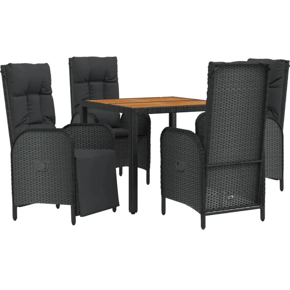vidaXL 5-delige Tuinset met kussens poly rattan zwart
