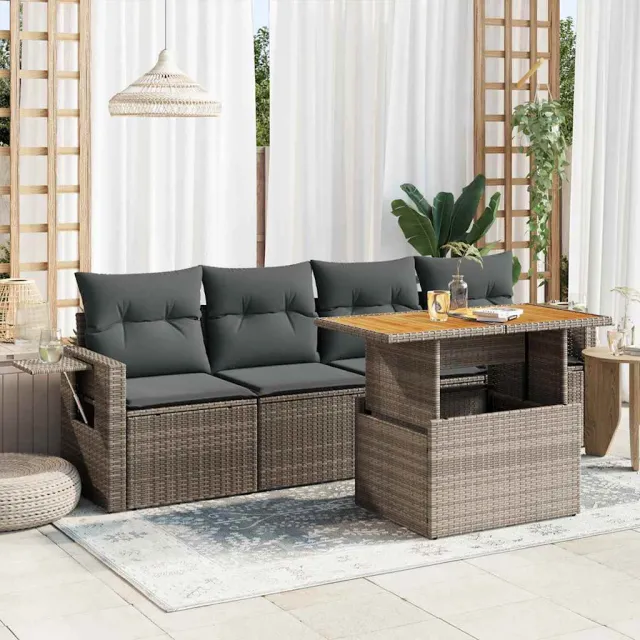 vidaXL 5-delige Loungeset met kussens poly rattan grijs, foto 2