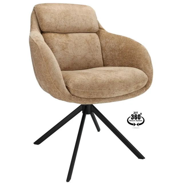 Icon Living Armstoel Vive Stof Stella Camel Leg Black 360° Return-system Bruin