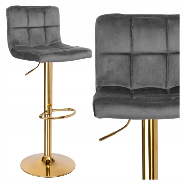 eHokery Luxe Grijze Velvet Barstoel Arako - Draaibaar & Verstelbaar - Goud Grijs