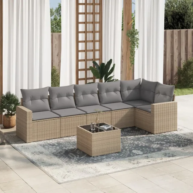 vidaXL 7-delige Loungeset met kussens poly rattan beige, foto 2
