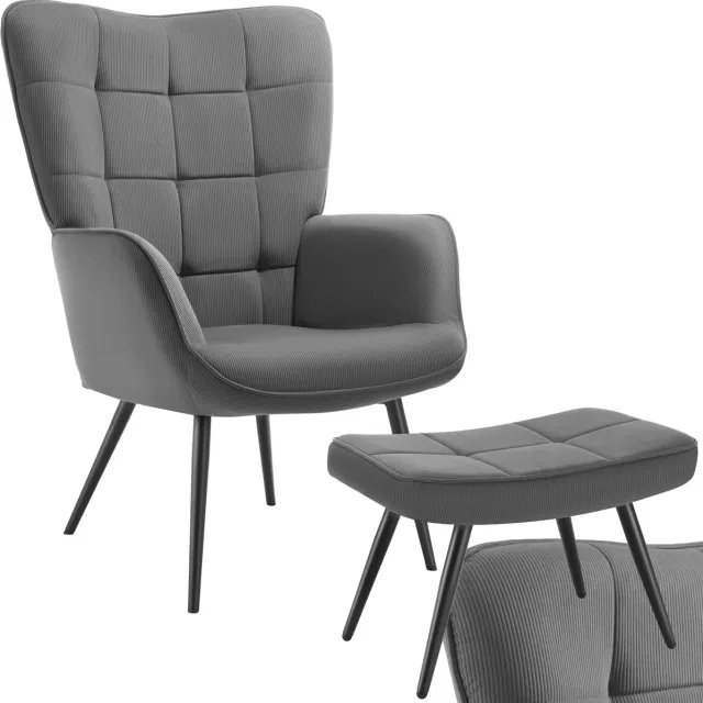 Tectake Oorfauteuil met Hocker – Scandinavische Teddy Bouclé Fauteuil – Lounge- en Woonkamerstoel – Zwart Metalen Poten – Draagvermogen 150kg – Grijs grijs zwart