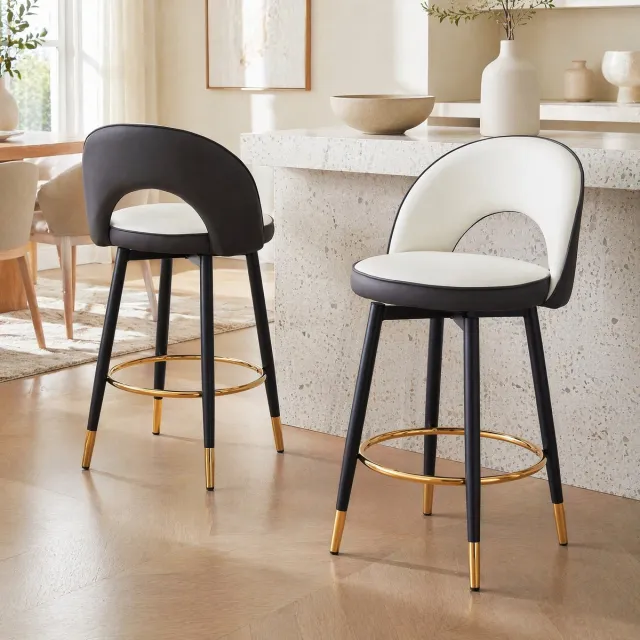 DESMIU Barkruk 44 x 48,2 x 91,5 cm - 360 Graden Draaibaar Met Rugleuning En Gewatteerde Zitting - Voor Bar Keuken En Eetkamer - Kunstleer Metaal Donkergrijs Wit