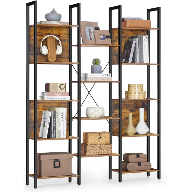 Vasagle Boekenkast - Met 14 Planken - Metalen Frame - Voor Woonkamer Kantoor Industrieel Design vintagebruin-zwart