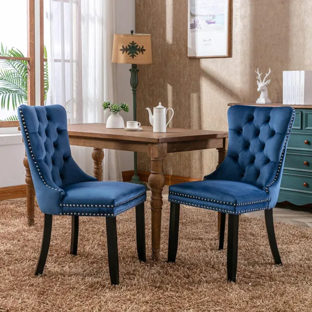 Pugsdrly Modern hoogwaardige eigentijdse eetkamerstoel met fluweelbekleding, houten poten en spijkerstof, set van 2, blauw, DE2001BL