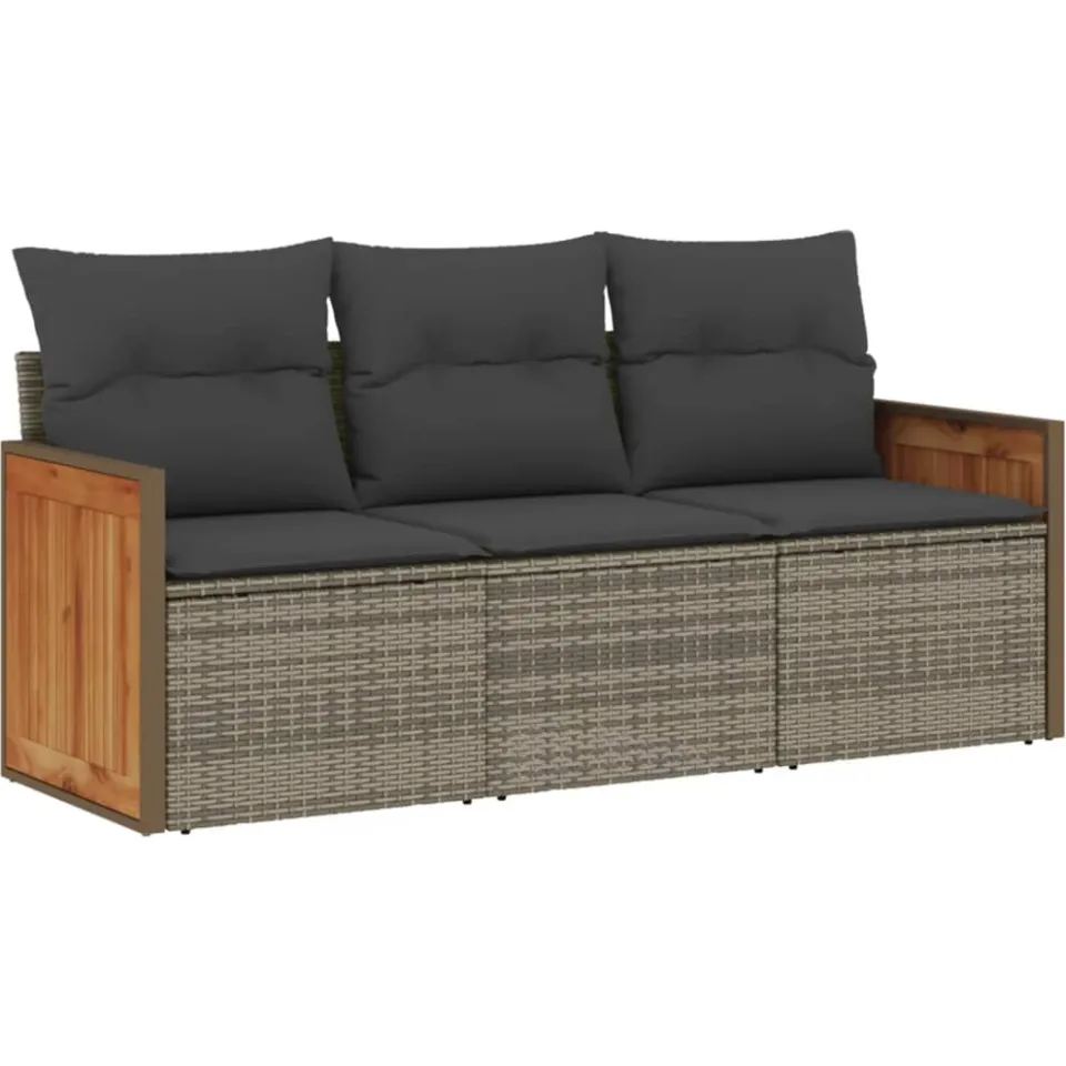 vidaXL 3-delige Loungeset met kussens poly rattan grijs, foto 3