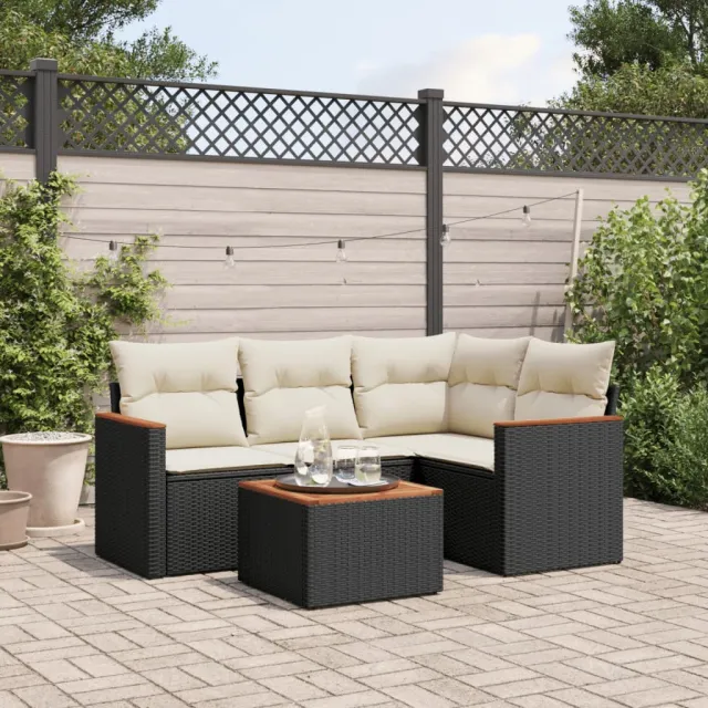 vidaXL 5-delige Loungeset met kussens poly rattan zwart, foto 2