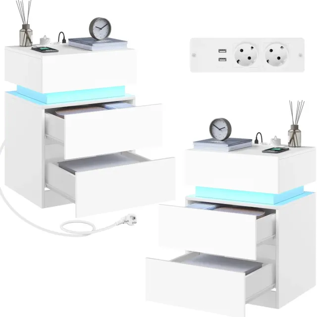 Klarven Nachtkastje Wit set van 2 - LED Verlichting met 25 Kleuren en Bluetooth, Stopcontact met 2 USB Poorten - 2 Laden en Klepvak, Modern Design - B 40 x D 35 x H 55 cm