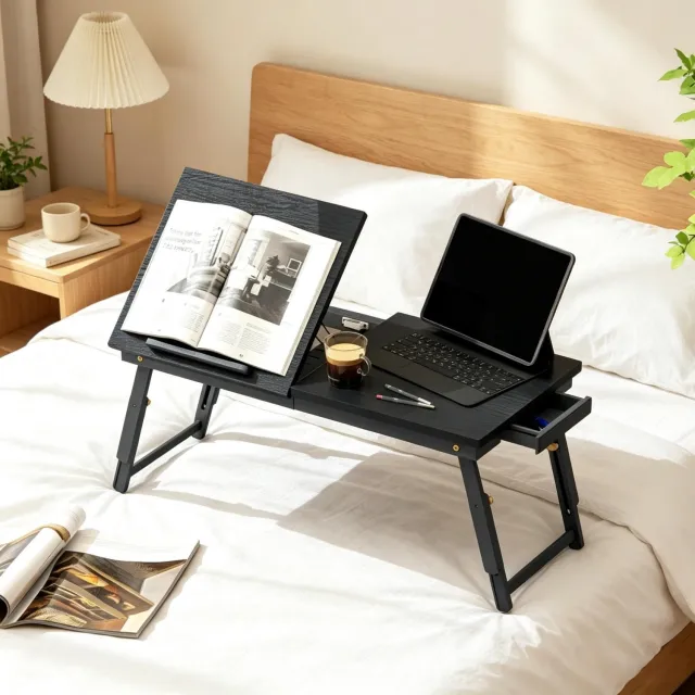 MODENUIT Bedtafel - Opklapbaar Met Kantelbaar Blad - Voor Bed en Bank - Bamboe en MDF - Zwart - 83,5x33x34 cm