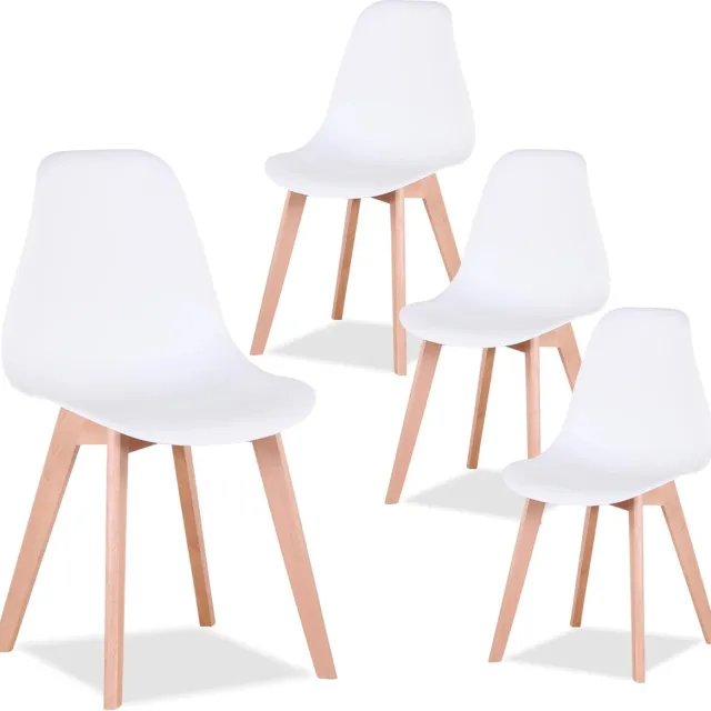 SteeFly® Luxe eetkamerstoelen - Set van 4 design stoelen - Ergonomisch comfort - Wit met hout onderstel - Zithoogte: 43 cm