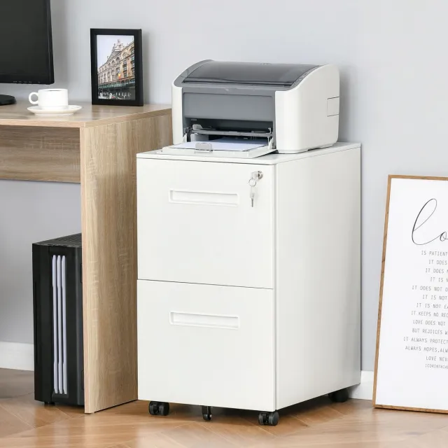 REDOM Aktenschrank met 2 lades - Afsluitbaar met centraal slotsysteem en 2 sleutels - Op 5 wielen met rem - Staal - 39 x 48 x 67 cm Wit