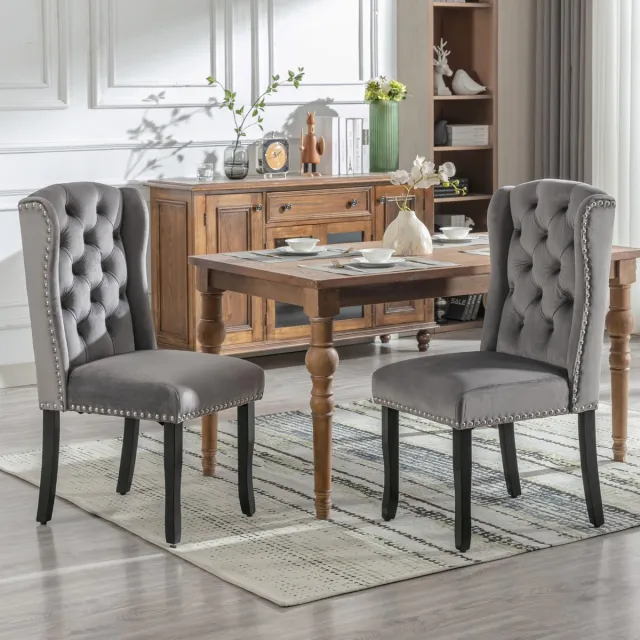 Welltin Eetkamerstoelen - Set van 2 - Eetkamerstoel met Eikenhouten Poten - Moderne Stoel - Knopen Details - Chromen Nagelkop Afwerking - Keukenstoel - Woonkamerstoel - Slaapkamerstoel - Lounge Stoel - Vrijetijdsstoel - Grijs