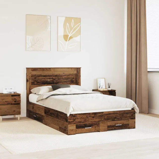 vidaXL Bedframe met lade met opslag Oudhout 120 x 190 cm Bewerkt hout Bruin