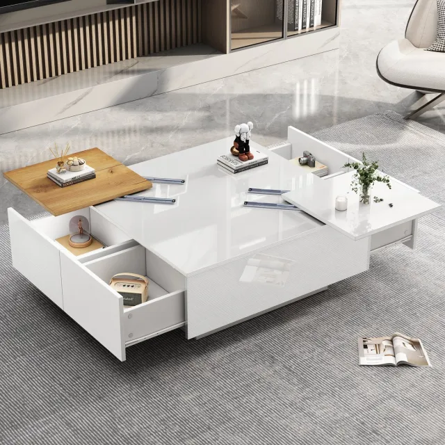 MIVRAY Salontafel - Hoogglans Met Schuifbare Bladen En 4 Lades - Voor Woonkamer - Spaanplaat In Wit - 75x75x33,5 Cm