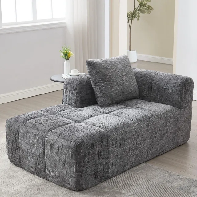 Pugsdrly PugsdrlyComfortabele chaise longue, geen montage nodig, zachte bank met kussen, zijvakken voor afstandsbediening en mobiele telefoon, verzorgd en elegant, grijs