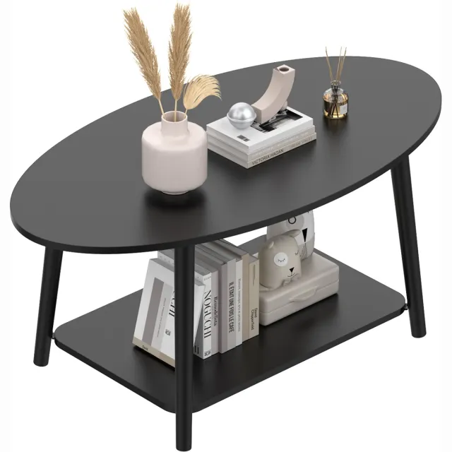 PIPIPOXER Ronde Salontafel -Dubbele laag- Kleine Salontafel- Woonkamer Bijzettafel - Tafel- Sidetable voor Woonkamer, Thuiskantoor - Bijzettafels -100x53x45cm - Vintage Zwart
