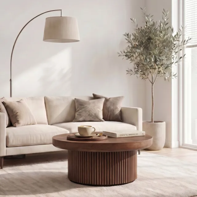 CHICFURN Salontafel 78 cm - Ronde vorm - Gefluteerde cilindrische basis - Woonkamer - Hout en MDF - Walnoot