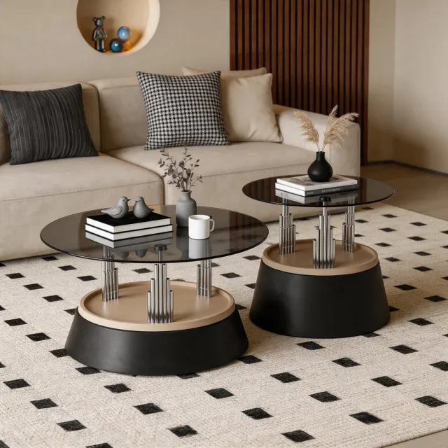 DESMIU Salontafel Set Van 2 - Rond Nesting Design Met Glasplaat En Metalen Frame - Modern Voor Woonkamer - Zwart - 70 Cm