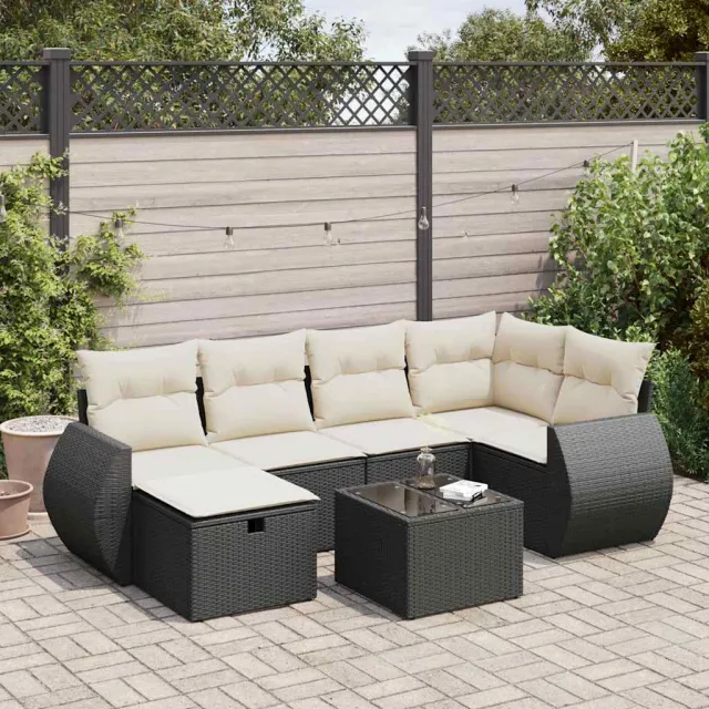 vidaXL 7-delige Loungeset met kussens poly rattan zwart, foto 2