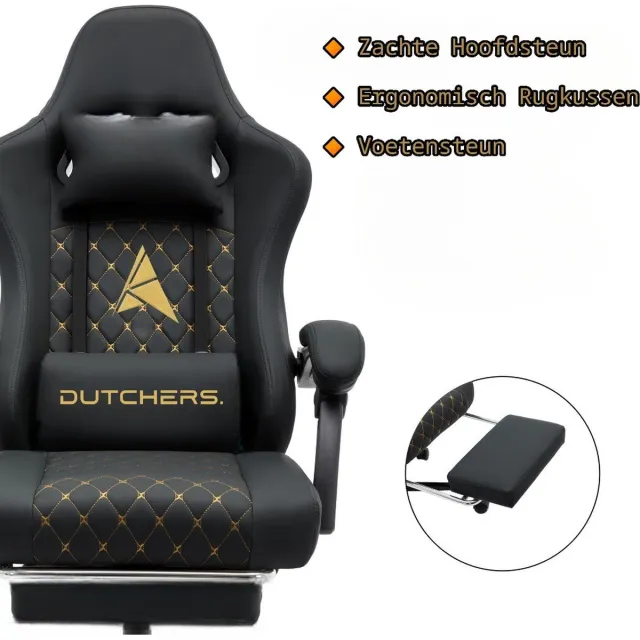 Dutchers Ergonomische bureaustoel - Metalen Onderstel - met wieltjes - Gamestoel – Draaistoel – Kantelfunctie – Hoogteverstelling - Gevoerde armleuningen - Executive stoel - Zwart