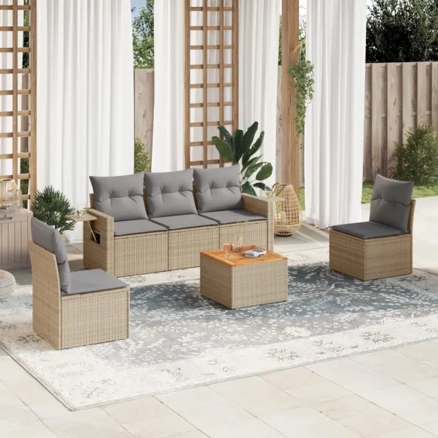 vidaXL 6-delige Loungeset met kussens poly rattan gemengd beige, foto 2