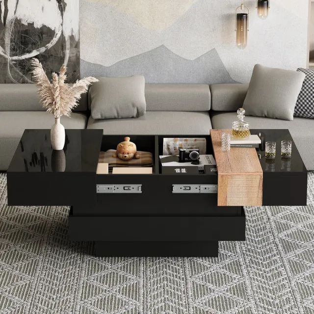 Clruro Vierkante Salontafel - 70 x 70 x 39 cm - Uitrekbaar met Versteekt Opbergruimte - Kleurblok Design - Hoogglans Zwart - MDF
