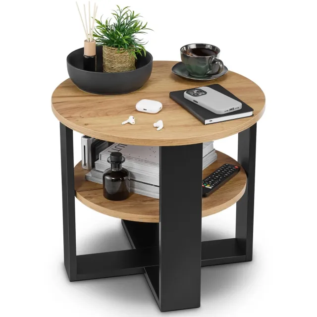 defiPad Salontafel Rond Ø53 cm - Bijzettafel - Zwart + Eiken Craft met Plank Zwart + Eik Craft