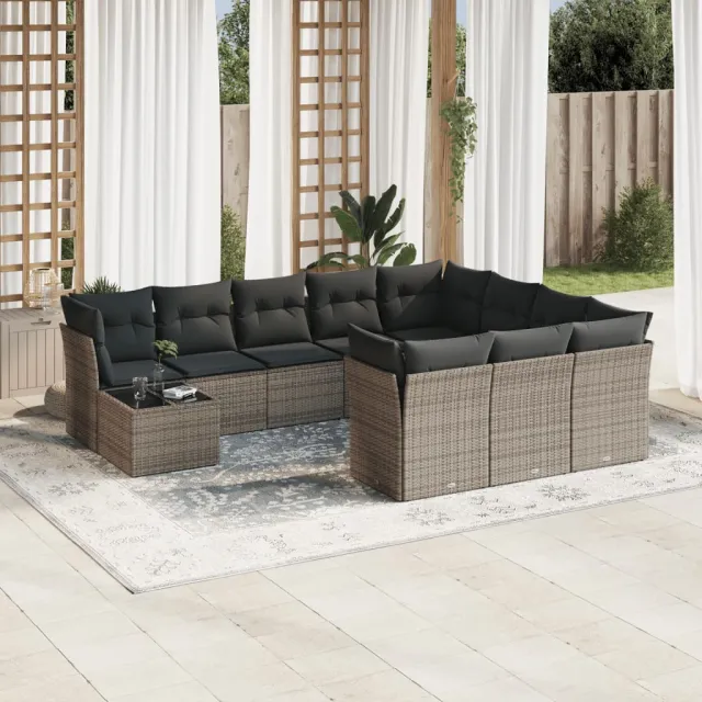 vidaXL 11-delige Loungeset met kussens poly rattan grijs, foto 2