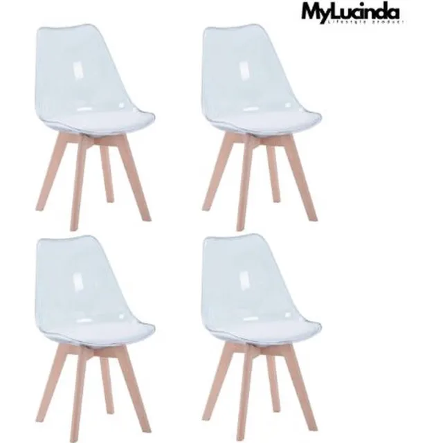 Mylucinda Set van 4 Transparante Eetkamerstoelen met Houten Poten - Moderne PU Stoelen - Comfortabel en Duurzaam - Geschikt voor Keuken, Slaapkamer & Woonkamer - Wit Transparant/Wit