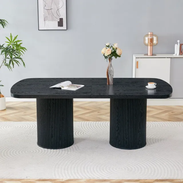 Wishdor Ovale eettafel - Geribbelde zuilvoet - MDF - Modern - Wabi-sabi - Mid-century - Zwart - 180 x 90 x 76 cm