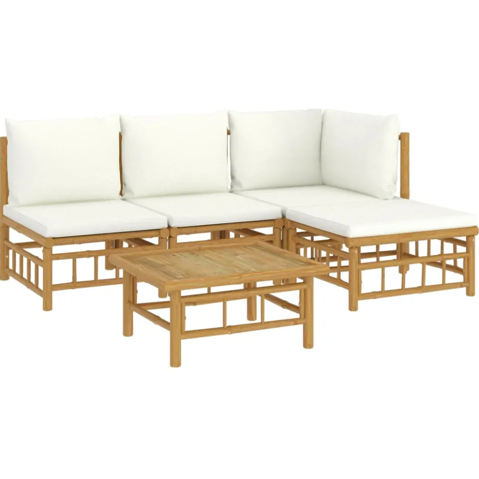 vidaXL 5-delige Loungeset met kussens bamboe crèmewit Bruin