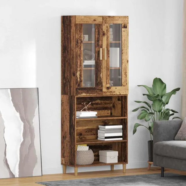 vidaXL Hoge kast Oud Hout 69,5 x 34 x 180 cm Geengineerd Hout en Glas Bruin